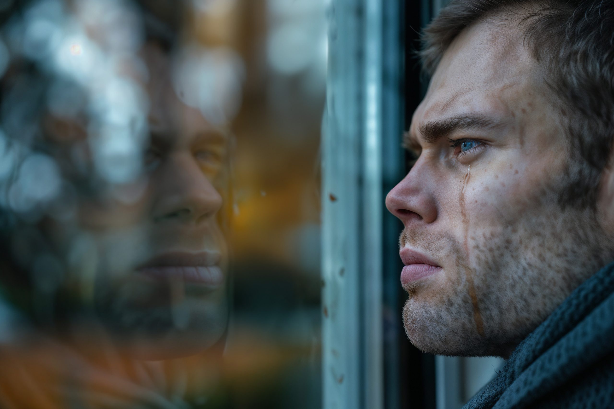 hombre hundido tras el divorcio mirando por la ventana